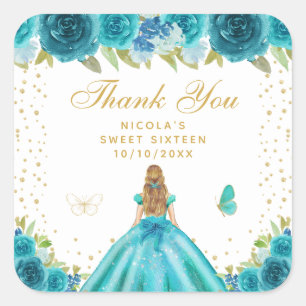 Adesivo Quadrado Princesa de Cabelo Loiro Floral Turquesa Sweet Six