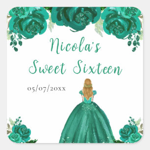 Adesivo Quadrado Princesa de Cabelo Loiro Floral Verde Sweet Sixtee
