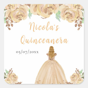 Adesivo Quadrado Princesa de Cabelo Loiro Peach Floral Quinceanera