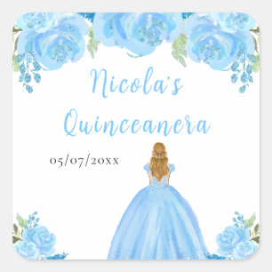 Adesivo Quadrado Princesa de Cabelo Loiro Quinceanera Floral Azul