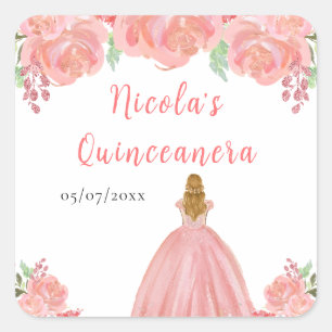 Adesivo Quadrado Princesa de Cabelo Loiro Quinceanera Floral Rosa