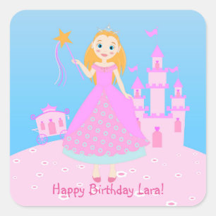 Adesivo Quadrado Princesa de Fairytala no Partido de Birthaday Rosa