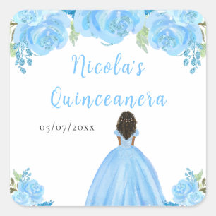 Adesivo Quadrado Princesa de Pele Escura Azul Floral Quinceanera