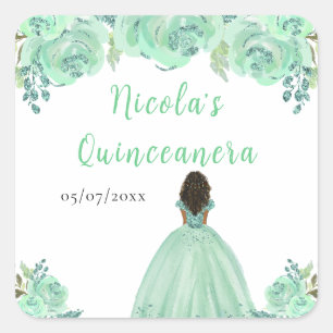 Adesivo Quadrado Princesa de Pele Escura Floral Menta Quinceanera