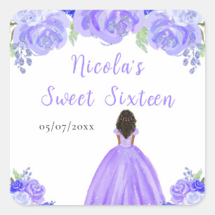 Adesivo Quadrado Princesa de Pele Escura Floral Roxo Sweet Sixteen