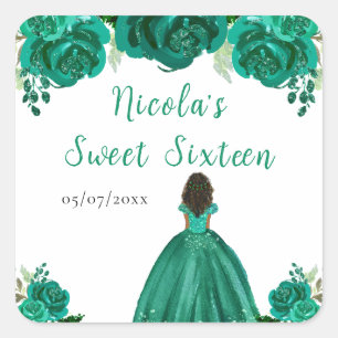 Adesivo Quadrado Princesa de Pele Escura Floral Verde Sweet Sixteen