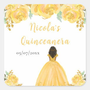 Adesivo Quadrado Princesa de Pele Escura Quinceanera Floral Dourado