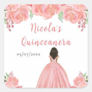 Adesivo Quadrado Princesa de Pele Escura Rosa Floral Quinceanera