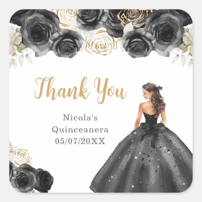 Adesivo Quadrado Princesa Floral com Vestido Preto Quinceanera (Frente)