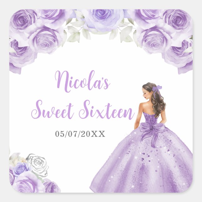 Adesivo Quadrado Princesa Floral com Vestido Roxo Doce Dezesseis (Frente)