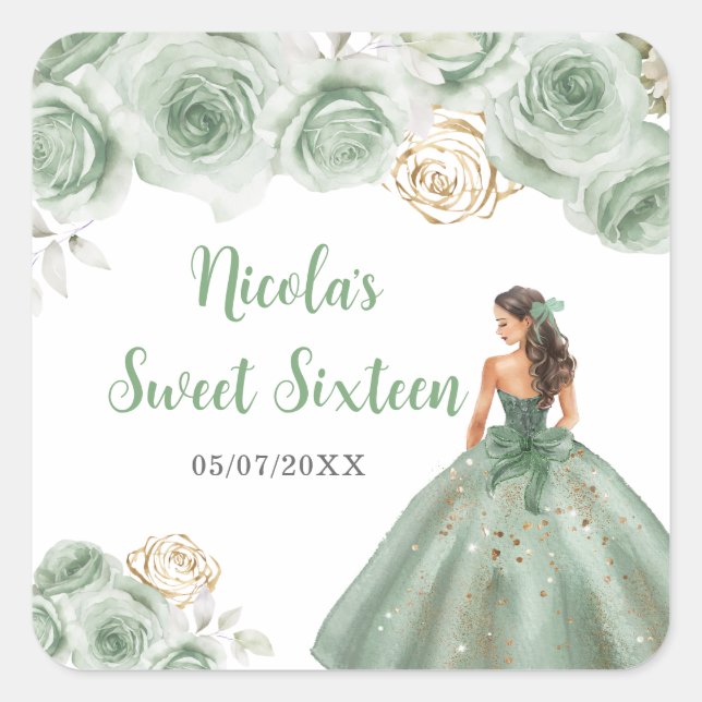 Adesivo Quadrado Princesa Floral em Sage Green Dress Doce Dezesseis (Frente)