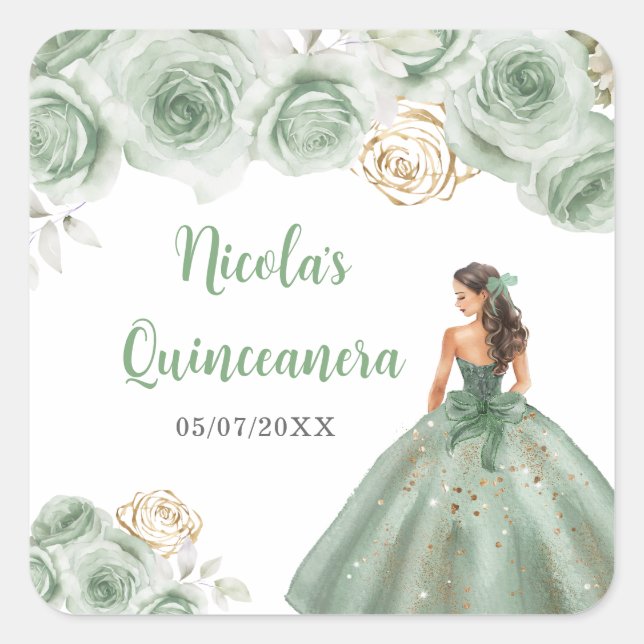 Adesivo Quadrado Princesa Floral em Sage Green Dress Quinceanera (Frente)
