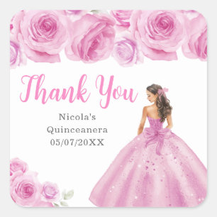 Adesivo Quadrado Princesa Floral em Vestido Rosa Claro Quinceanera