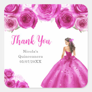 Adesivo Quadrado Princesa Floral em Vestido Rosa Quinceanera