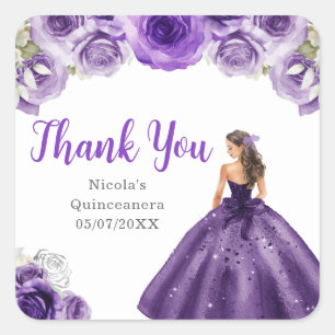 Adesivo Quadrado Princesa Floral em Vestido Roxo Escuro Quinceanera