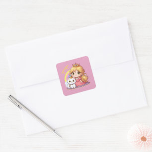 Adesivo Quadrado Princesa fofa personalizável com gato branco