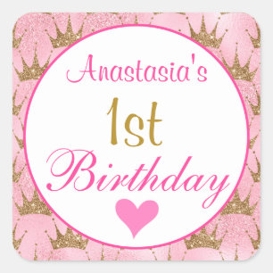 Adesivo Quadrado Princesa Menina Rosa e primeiro aniversario Brilha