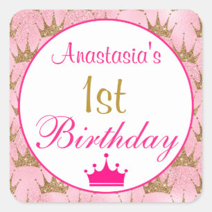 Adesivo Quadrado Princesa Menina Rosa Quente Brilho Dourado Anivers