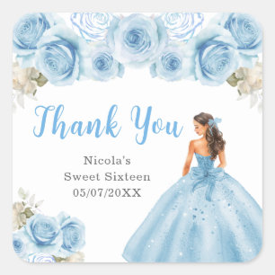 Adesivo Quadrado Princesa no Vestido Azul Doce Dezesseis Obrigado