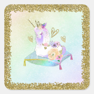 Adesivo Quadrado Princesa Unicórnio Arco-íris Pastel Iridescente Fe