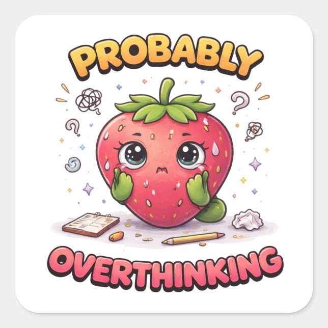 Adesivo Quadrado Probably Overthinking Strawberry Sticker (Frente)