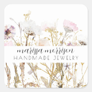 Adesivo Quadrado Produto Dourado de flor-de-coleira-rosa, artesanal