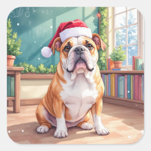Adesivo Quadrado Professor de Bulldog Inglês Chapéu de Papai Noel n