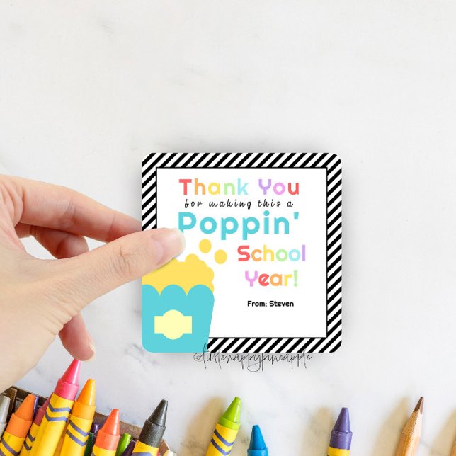 Adesivo Quadrado Professor de Tema de Pipoca Fim do Ano Obrigado (Criador carregado)