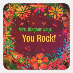Adesivo Quadrado Professora Personalizada Floral de Coração de Drag