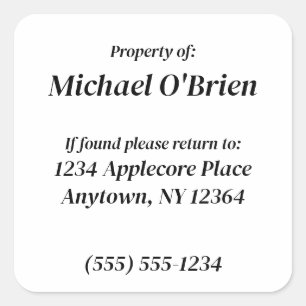 Adesivo Quadrado Propriedade Personalizada de Informações Personali