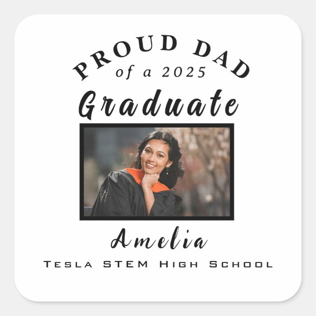 Adesivo Quadrado Proud Dad Graduation 2025 Custom Photo Gift  (Frente)