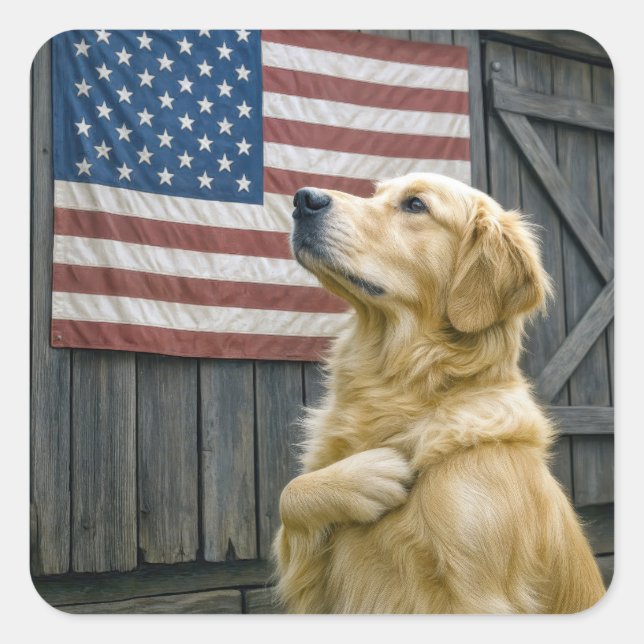 Adesivo Quadrado Proud Golden Retriever With American Flag (Frente)