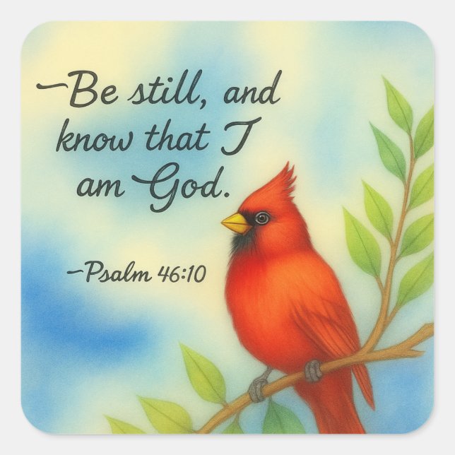 Adesivo Quadrado Psalm 46:10 Be Still Red Cardinal Scripture Nature (Frente)