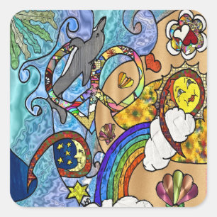 Adesivo Quadrado Psicodélica Retroativa Da Década De 60 Na Praia Of