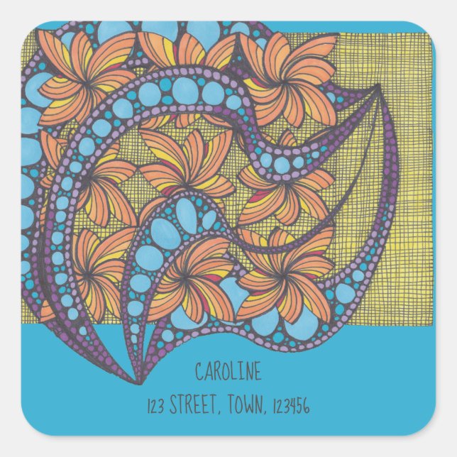 Adesivo Quadrado Psicodélico, ranzinza, psicodélico, azul, seu nome (Frente)