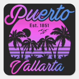 Adesivo Quadrado Puerto Vallarta Retro Sunset 80s Palm Trees
