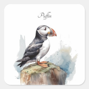 Adesivo Quadrado Puffin em Rock Watercolor, personalizado