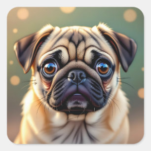 Adesivo Quadrado Pug Adorável Close up Cachorro Fofo