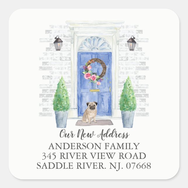 Adesivo Quadrado Pug Blue Door New Address Label Stick (Frente)
