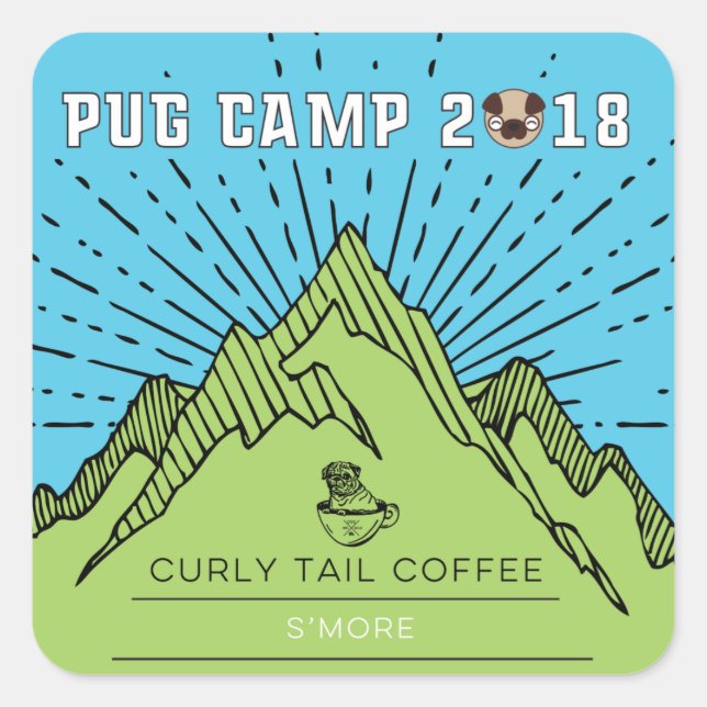 Adesivo Quadrado Pug Camp 2018 Curly Tail Coffee Smore (Frente)