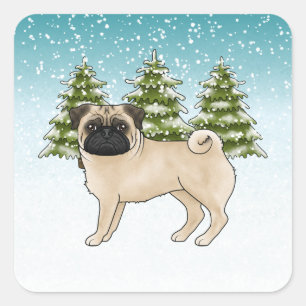 Adesivo Quadrado Pug Cerimonial Cachorro Cartoon Fofo Floresta de I