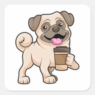 Adesivo Quadrado Pug com café para ir