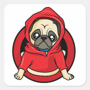 Adesivo Quadrado Pug com Capuz Vermelho