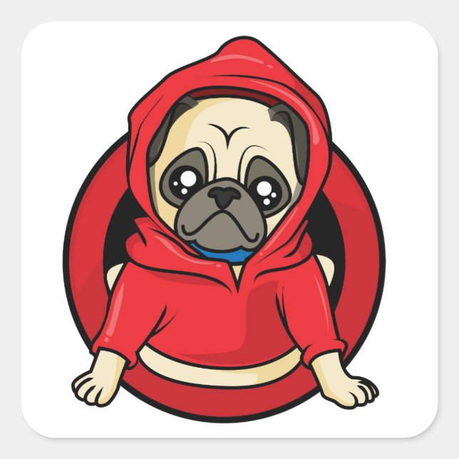 Adesivo Quadrado Pug com Capuz Vermelho (Frente)