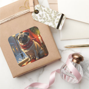 Adesivo Quadrado Pug com Férias das Luzes de Natal