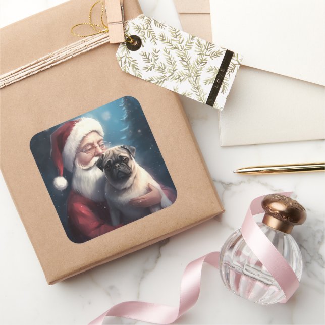 Adesivo Quadrado Pug Com Papai Noel Natal Festivo (Presentear)
