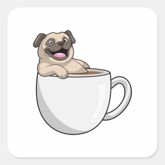 Adesivo Quadrado Pug com Xícara de Café (Frente)