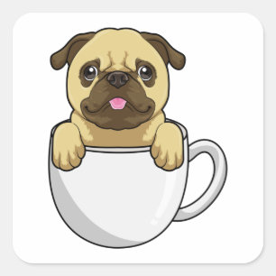 Adesivo Quadrado Pug com Xícara de Café