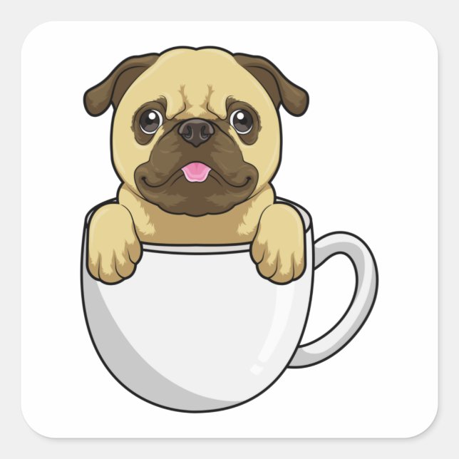 Adesivo Quadrado Pug com Xícara de Café (Frente)
