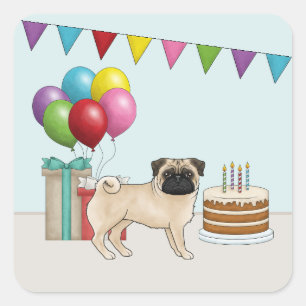 Adesivo Quadrado Pug Corça Design Cartoon Cute Aniversário Colorido